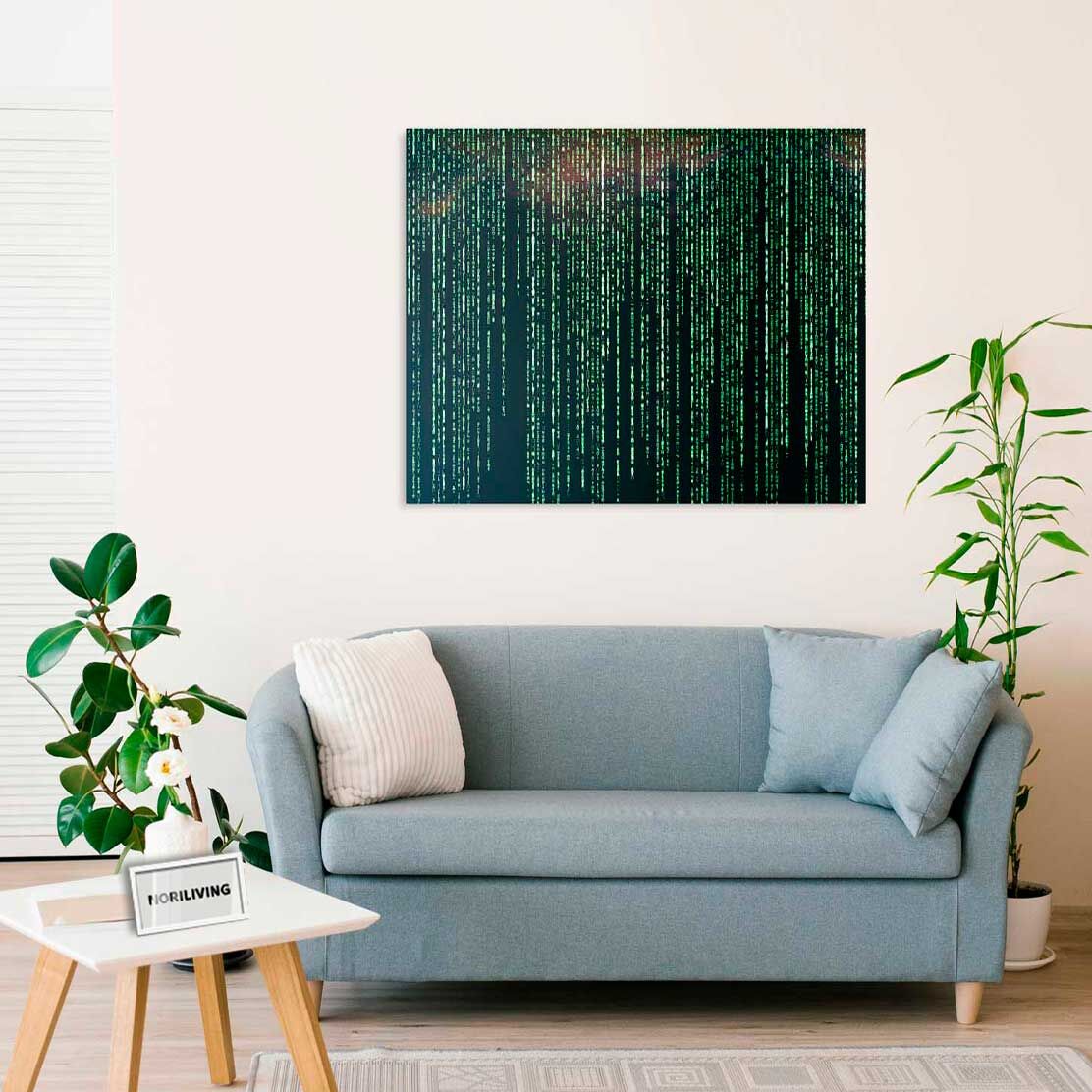 Wandbild über dem Sofa mit Motiv grünes Matrixthema als Hintergrund 934