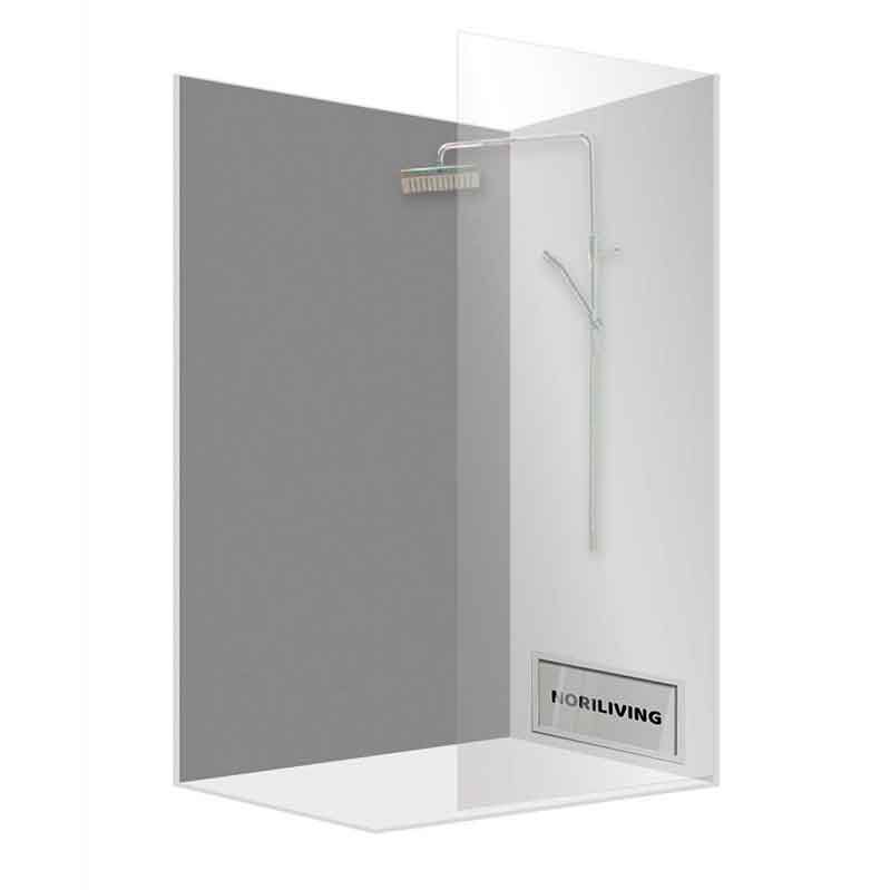 Duschkabine mit Glaswänden und modernem Duschkopf in einem stilvollen Design