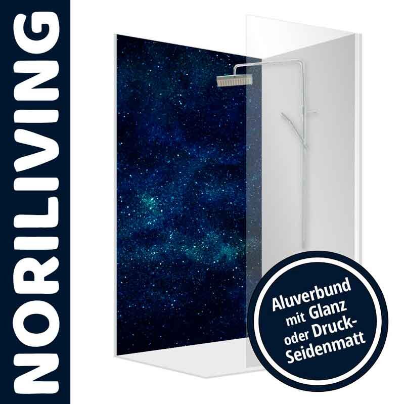 Duschabtrennung von Noriliving mit galaktischem Motiv und Aluverbund, erhältlich in Glanz oder Druck-Seidenmatt