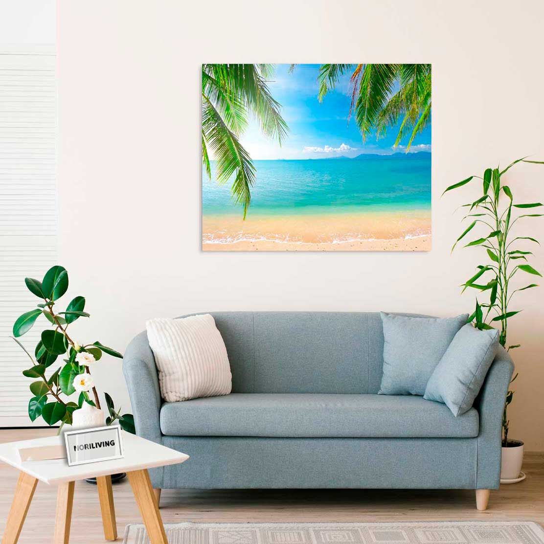 Wandbild über dem Sofa mit Motiv schöner Strand und tropisches Meer mit Palmwedeln 461