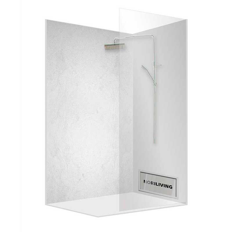 Ecke einer modernen Dusche mit Glasabtrennung und Regenduschkopf, dezente Wandstruktur und NORILIVING Schriftzug