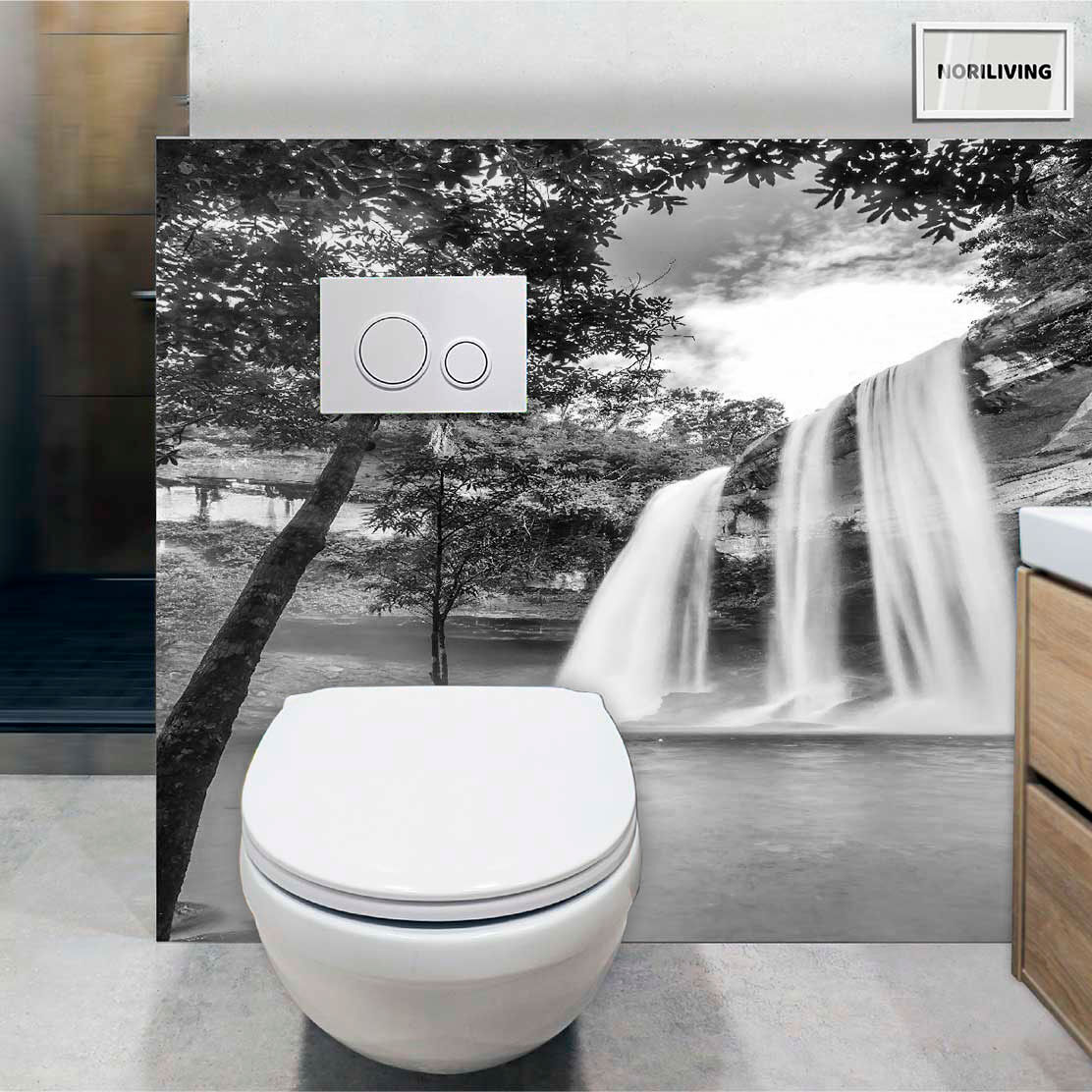 im WC eingebaute Toilettenrückwand mit Motiv Huai Luang Wasserfall Thailand 806 schwarz-weiß