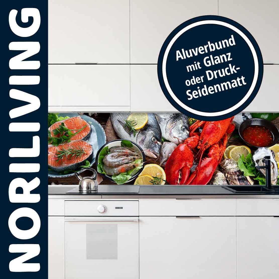 Küchenrückwand mit frischem Meeresfrüchte-Motiv in Aluverbund, glänzend oder matt, von Noriliving