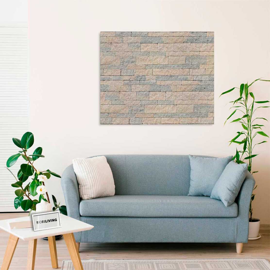 Wandbild über dem Sofa mit Motiv Steinwand beige - blau 430