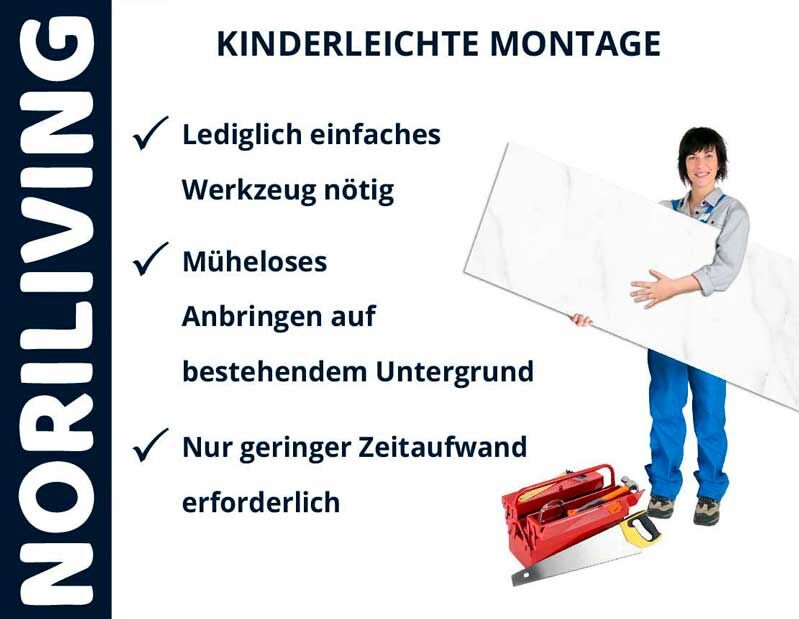 Ein Bild von NORILIVING mit Anweisungen für einfache Montage, die lediglich einfaches Werkzeug erfordert.