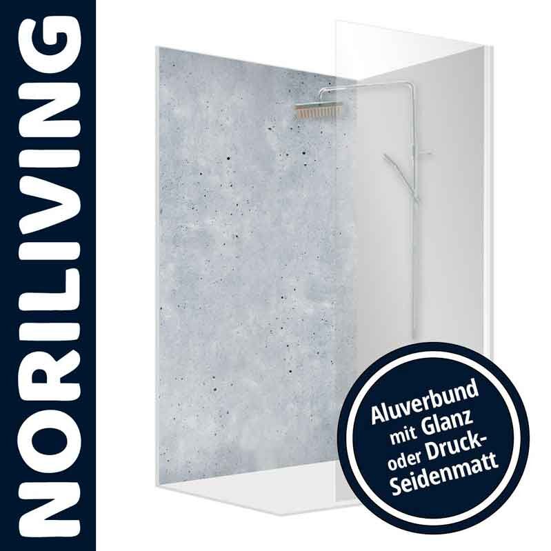 NORILIVING Duschwand aus Aluverbund, verfügbar in Glanz oder Druck-Seidenmatt, mit modernem Design.