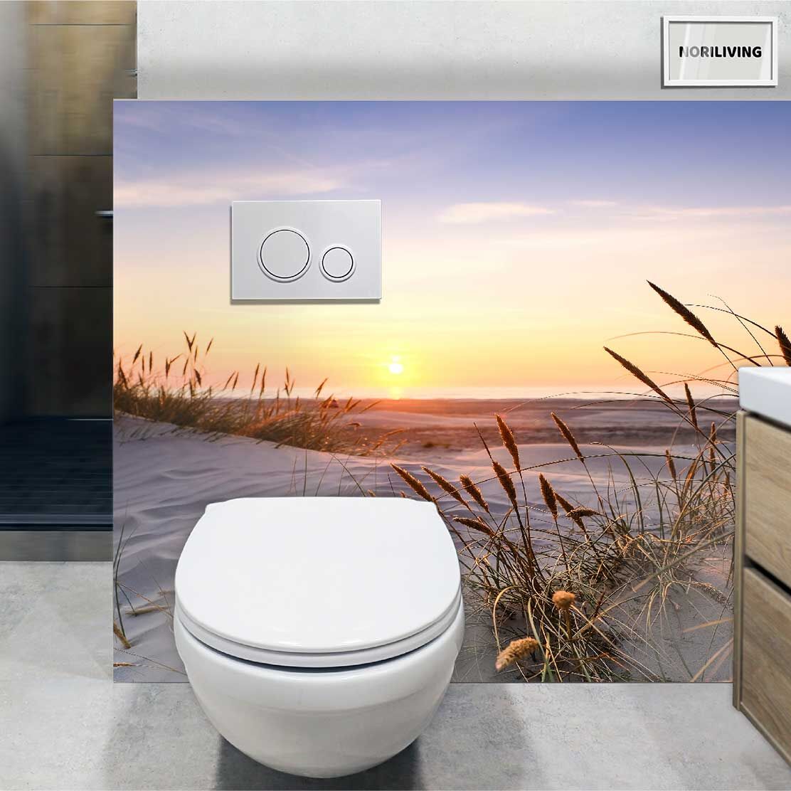 im WC eingebaute Toilettenrückwand mit Motiv Sonnenuntergang in den Dünen in Dänemark 321