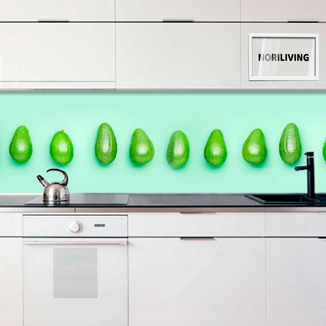 Küchenrückwand Alu Avocado mit grünem Hintergrund 129