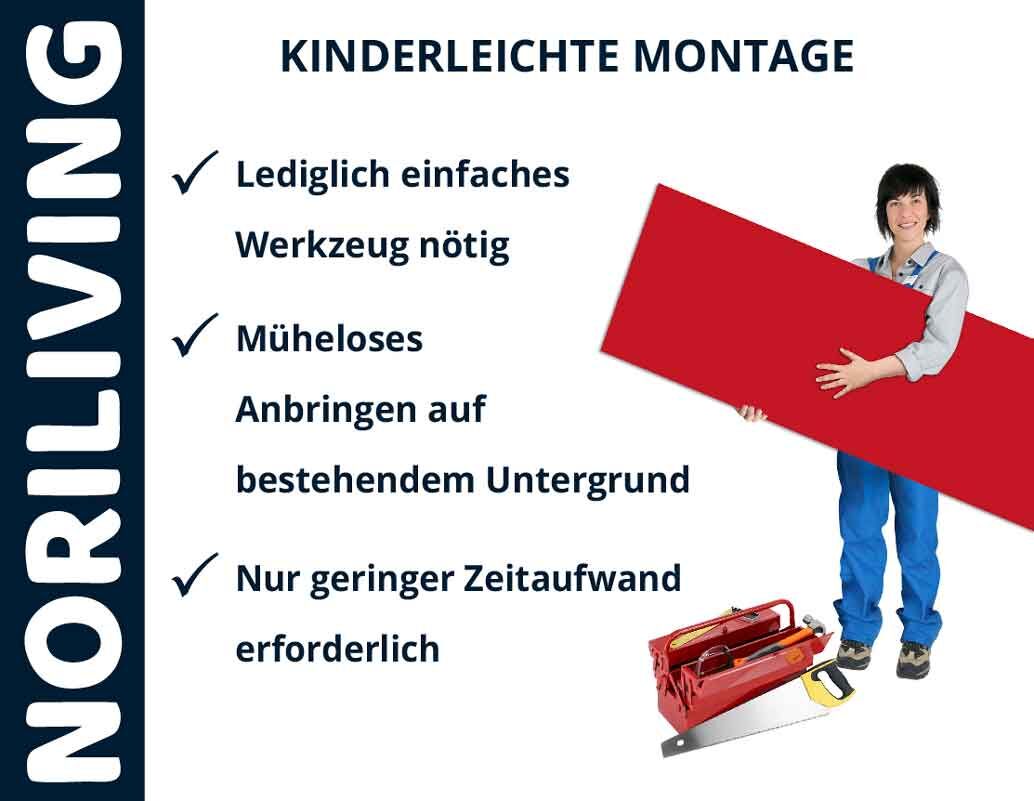 Person hält rotes Panel, Text besagt einfache Montage mit Noriliving, wenig Werkzeug und Zeit nötig
