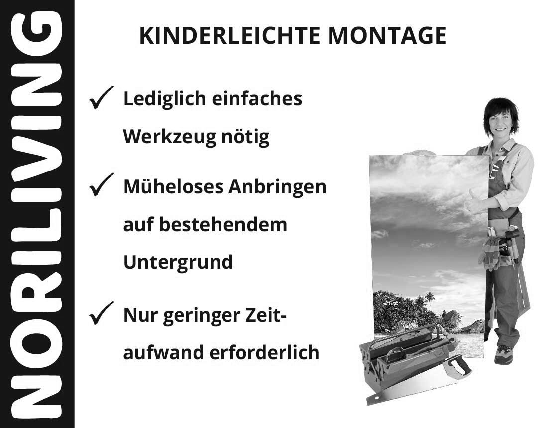 Werbung für Noriliving-Produkte: Kinderleichte Montage mit minimalem Werkzeug- und Zeitaufwand. Einfaches Anbringen auf bestehendem Untergrund.