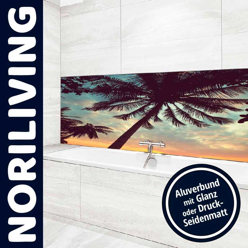 Moderne Badezimmer-Wand mit Palmenmotiv im Sonnenuntergang, Aluverbund in Glanz oder Druck-Seidenmatt