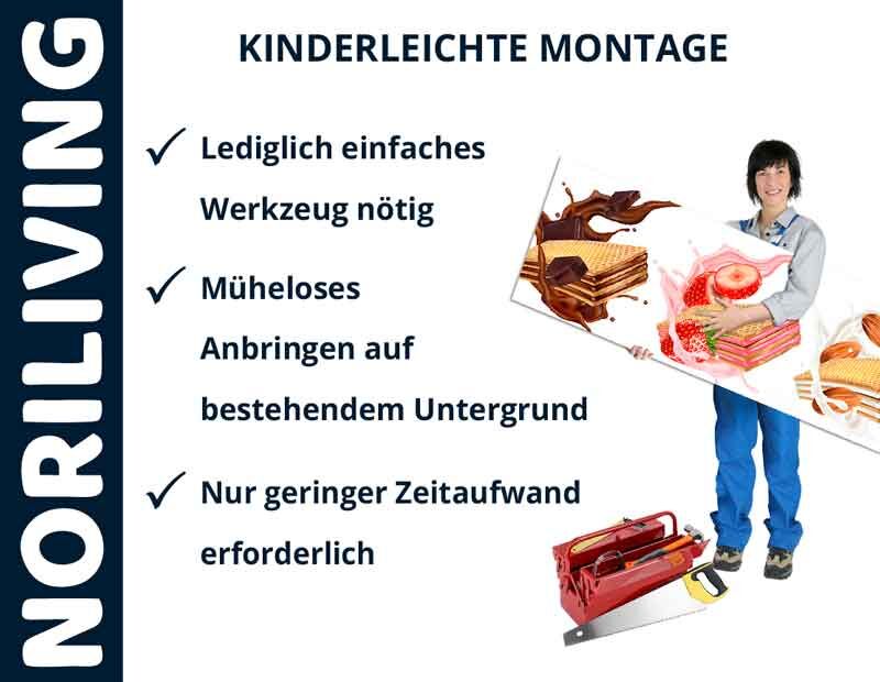 Frau hält Paneele mit Design, daneben Text zu einfacher Montage: Lediglich einfaches Werkzeug nötig, müheloses Anbringen, geringer Zeitaufwand.