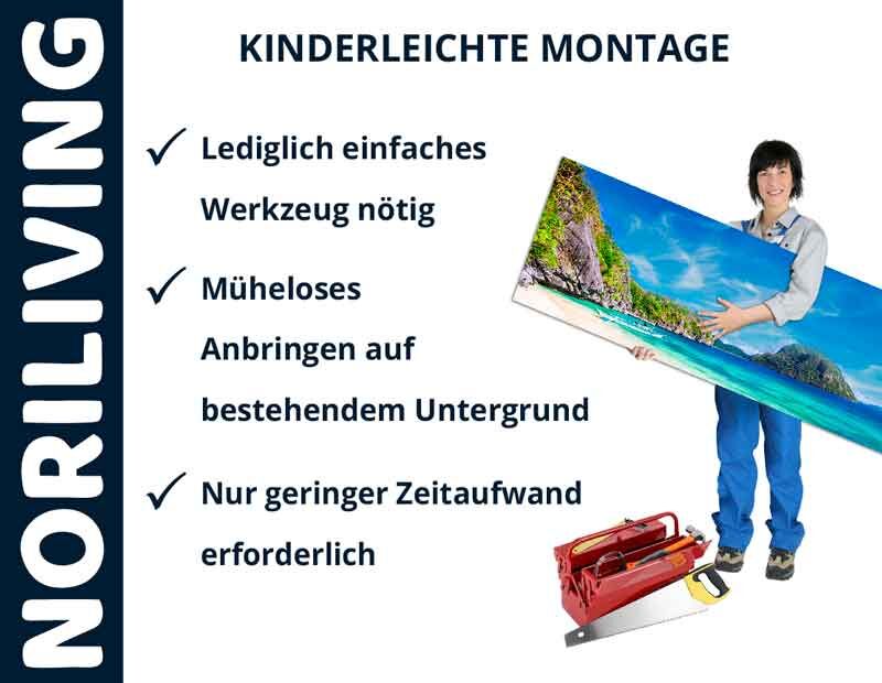 Person hält ein Bild mit einer Landschaft, daneben Werkzeuge und Hinweise zur einfachen Montage von Noriliving Produkten.