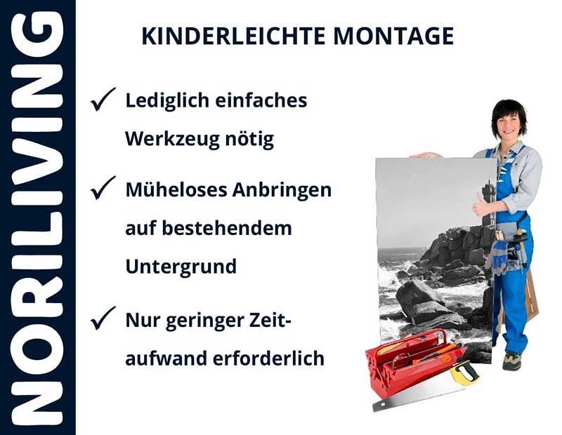 Frau in Arbeitskleidung zeigt NORILIVING Montage Set. Einfache und schnelle Installation mit geringem Aufwand.