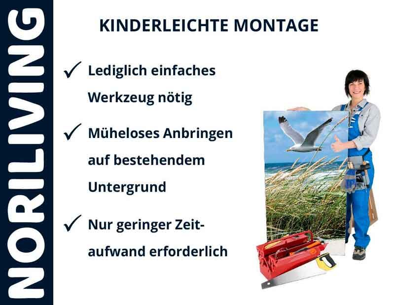 Werbung von Noriliving: Erleichterte Installation mit minimalem Aufwand. Handwerkerin zeigt ein Bild, Werkzeug daneben.