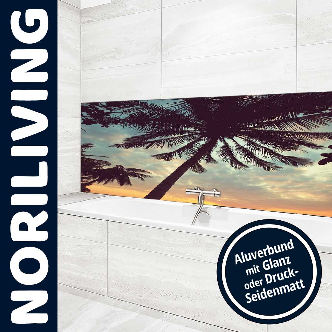 Ansicht des Badrückwand-Motivs Sonnenuntergang mit Palme am tropisches Meer 239 Oberkante