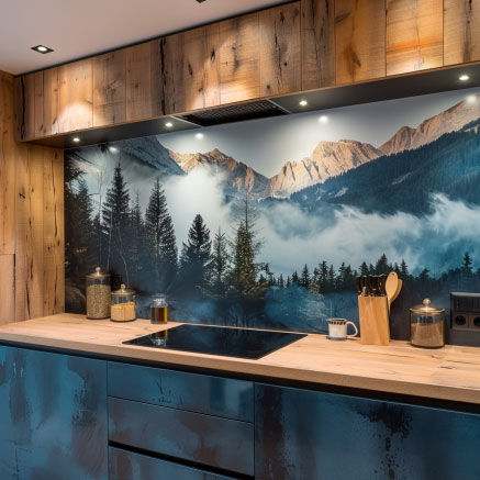 Moderne Küche mit Alpenlandschafts-Rückwand und Holzschränken Küche mit moderner Einrichtung und Rückwand mit Alpenmotiv. Holzmöbel und stilvolle Dekoration.