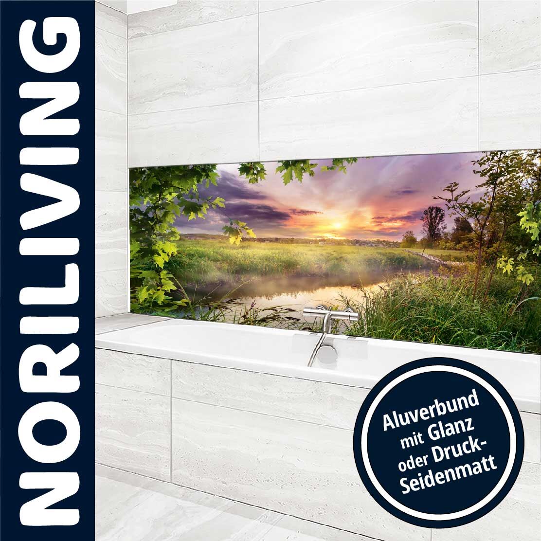 Ansicht des Badrückwand-Motivs farbiger Sonnenaufgang am ruhigen Fluss 166 Oberkante