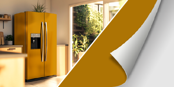 Orangefarbener Side-by-Side-Kühlschrank in einer modernen Küche mit Pflanzen im Hintergrund
