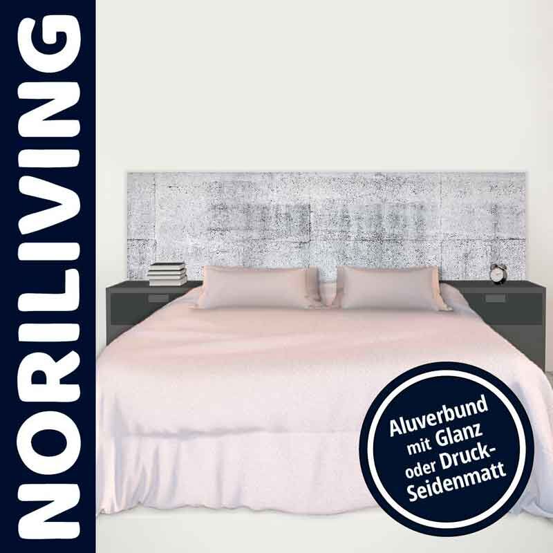 Schlafzimmer mit elegantem Kopfteil aus Aluverbund, Noriliving Logo