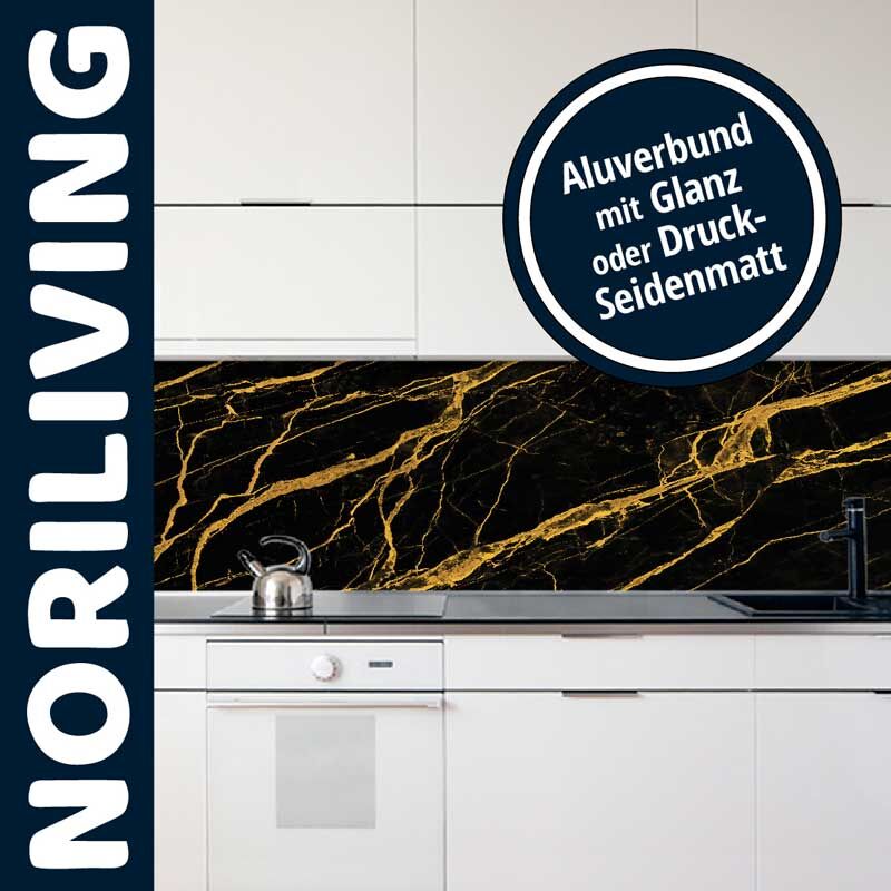 Küchenrückwand von Noriliving aus Aluverbund in Schwarz mit goldenen Adern, glänzend oder druck-seidenmatt