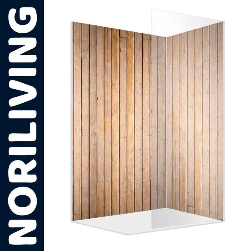 Elegant gestaltete Duschabtrennung von Noriliving mit natürlicher Holzoptik für modernes Badezimmerdesign