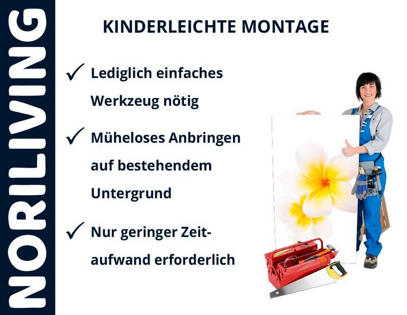 Person vor Montagewerkzeug, Plakat mit Blume und Text 'Kinderleichte Montage' von Noriliving