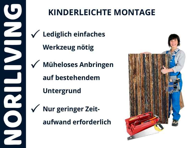 NORILIVING Werbebild: Frau zeigt montierbares Paneel mit Text über einfache Installation