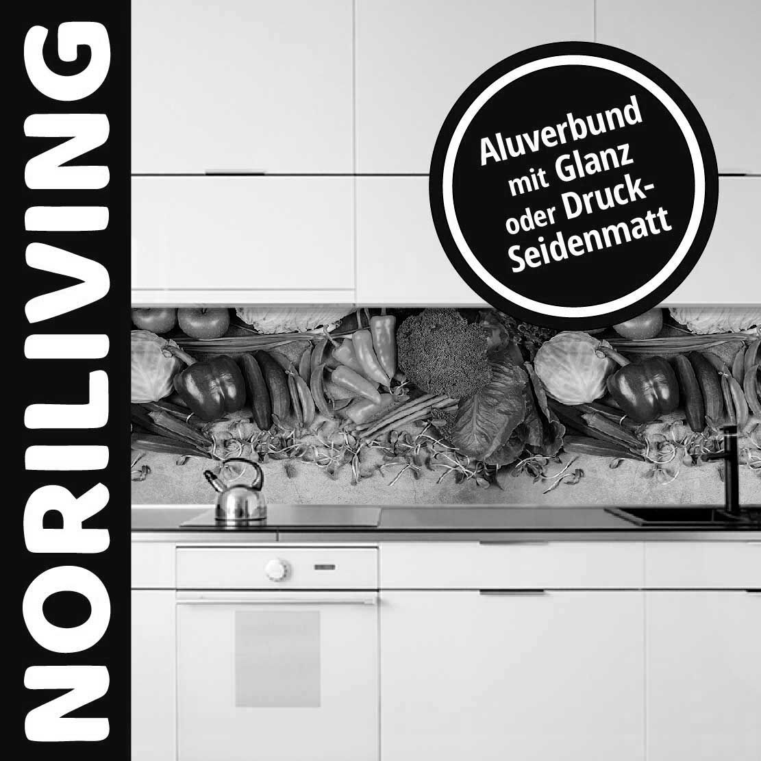 Küchenrückwand aus Aluverbund von NORILIVING mit Gemüse-Motiv, erhältlich in Glanz- oder Druck-Seidenmatt-Ausführung