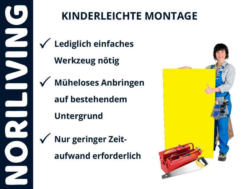 Noriliving Werbebild, zeigt einfache Montage mit Werkzeug und Person in Arbeitskleidung