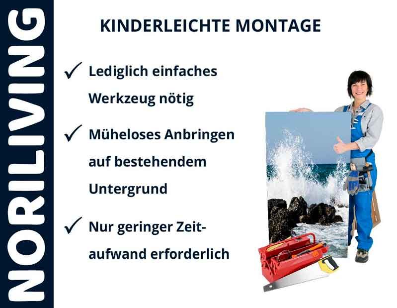 Person mit Werkzeug demonstriert kinderleichte Montage, Noriliving, einfach und schnell mit minimalem Aufwand