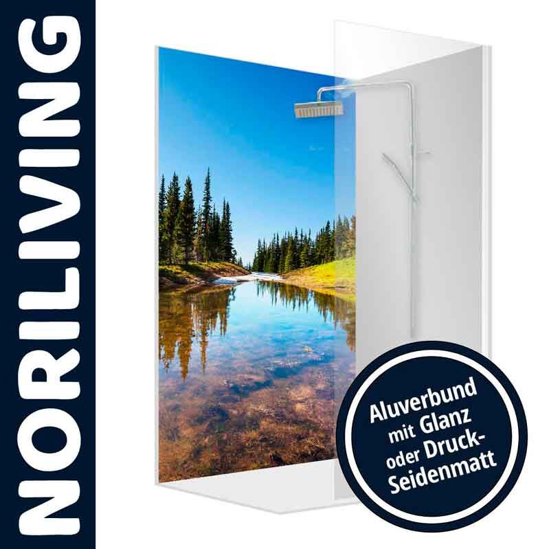 Duschrückwand mit Naturmotiv von Noriliving, erhältlich als Aluverbund mit glänzender oder seidenmatter Oberfläche