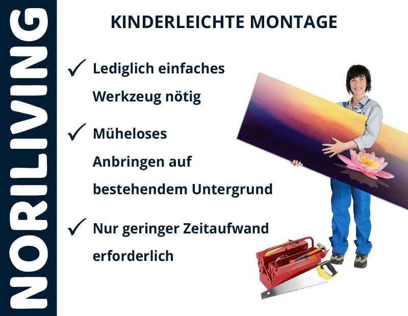 Montage einer Wanddekoration von NORILIVING; benötigt kein spezielles Werkzeug und ist schnell erledigt