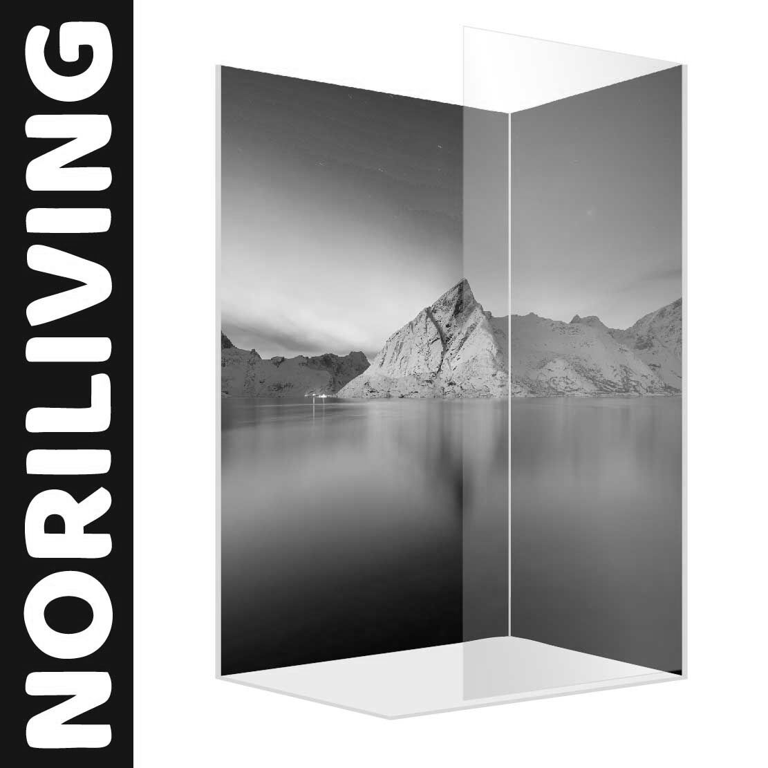 Abbildung einer Eck-Duschrückwand mit Motiv See in Norwegen 884 schwarz-weiß