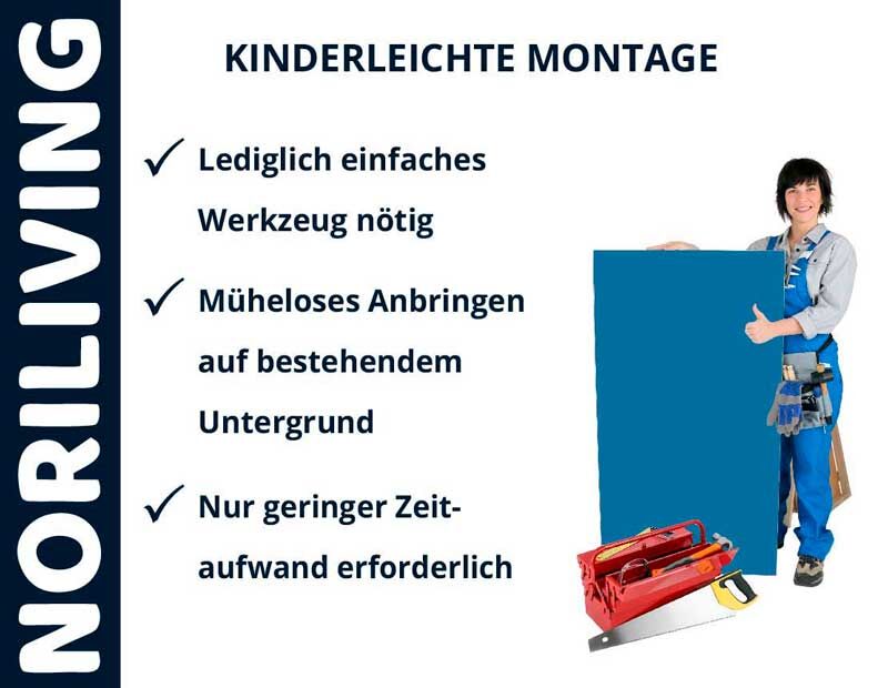 Grafik von NORILIVING, die eine Person mit Werkzeug zeigt und kinderleichte Montage mit einfachem Werkzeug, mühelosem Anbringen und geringem Zeitaufwand bewirbt