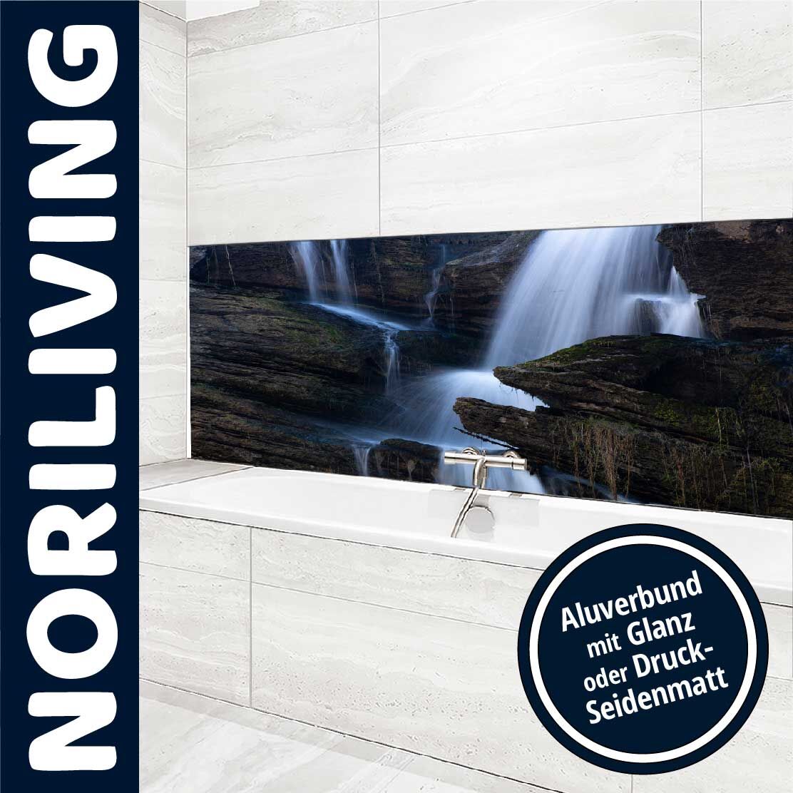 Badezimmer mit Noriliving Aluverbund-Rückwand, Wasserfall-Dekor, Glanz oder Druck-Seidenmatt-Optionen