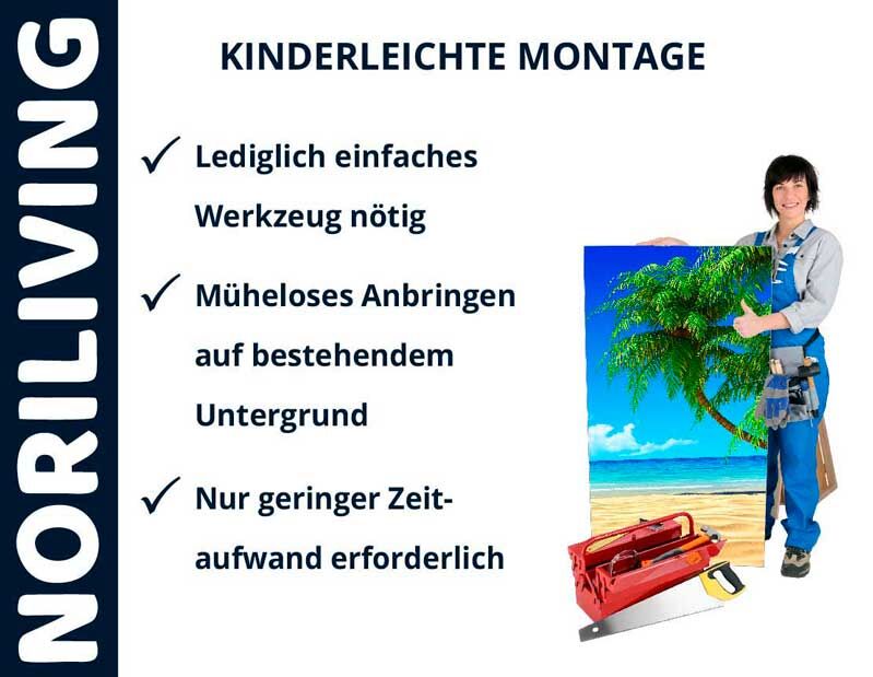 NORILIVING Werbebild: Frau mit Bildmotiv eines Strandes, einfache Montageanleitung auf der linken Seite