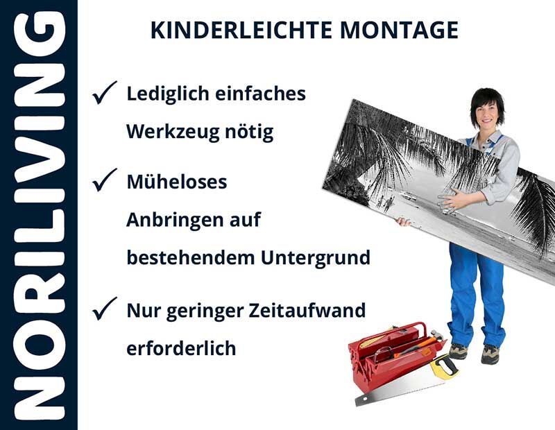 Person mit Bild und Werkzeugkasten zeigt kinderleichte Montage durch NORILIVING. Minimaler Werkzeugbedarf und Zeitaufwand.