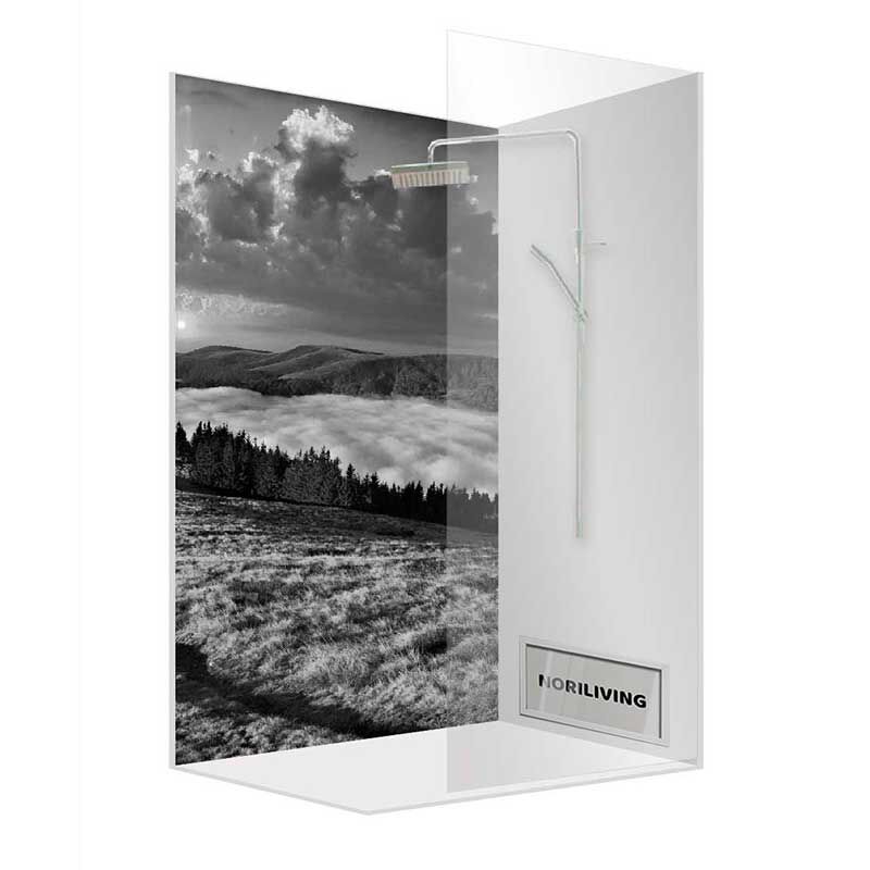 Glasduschkabine mit einem beeindruckenden Landschaftsbild im Hintergrund, geeignet für moderne Badezimmer