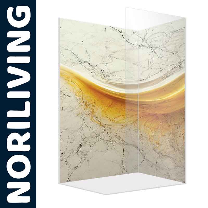 Elegante Duschwand von Norliving mit marmorierten Mustern und goldenen Akzenten