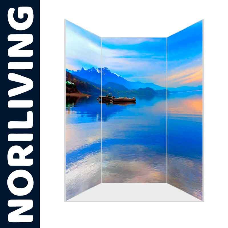 Raumteiler mit farbenfrohem Naturmotiv: See, Berge und blauer Himmel, Marke Noriliving