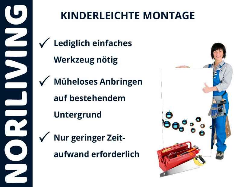 Person präsentiert die einfache Montage von NORILIVING-Produkten mit minimalem Werkzeugbedarf.