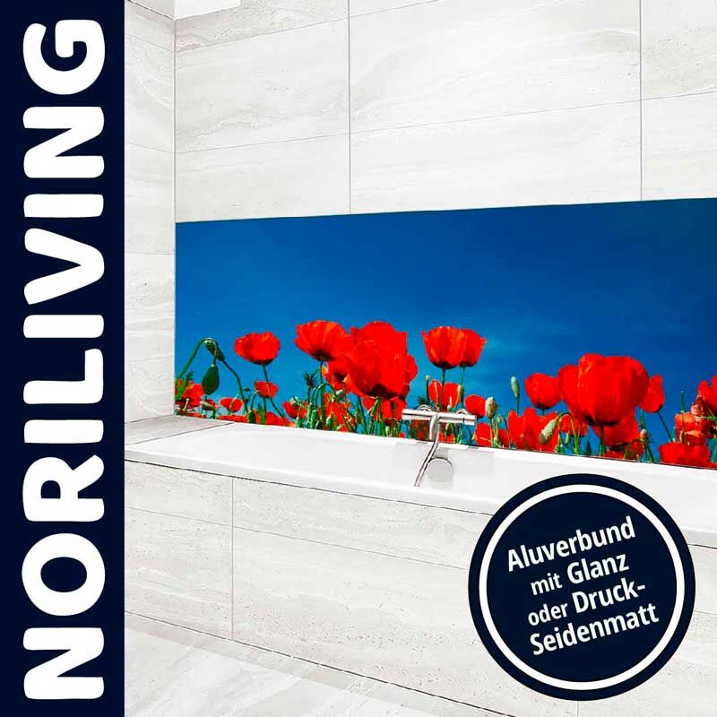 Badezimmer mit Mohnblumen-Rückwand, Aluverbund mit Glanz oder Seidenmatt erhältlich