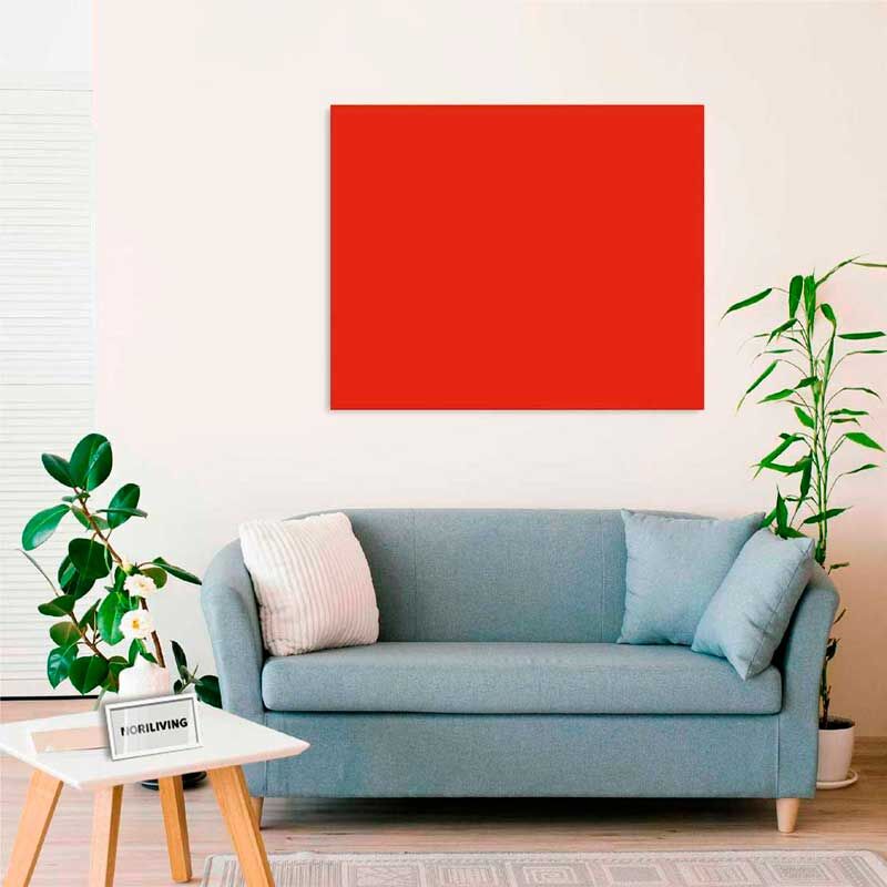 Wohnzimmer mit grauem Sofa, rotem Wandbild und Pflanzen