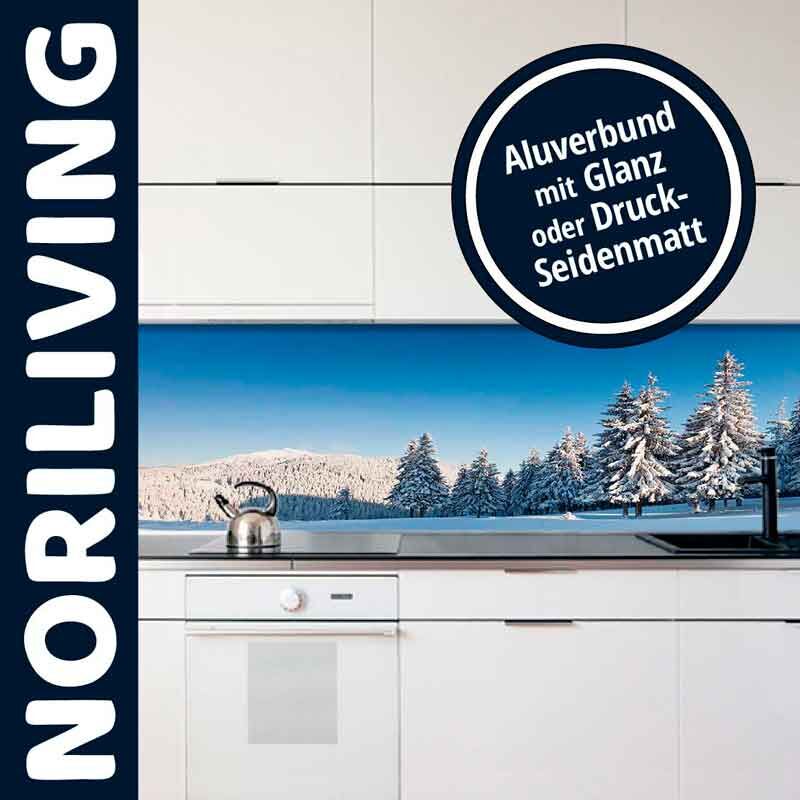 Moderne Küche mit weißem Design, ausgestattet mit einer Aluverbund-Küchenrückwand in glänzendem oder seidenmattem Druck und winterlichem Landschaftsmotiv.
