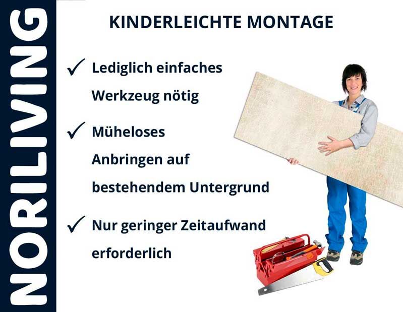Person in Arbeitskleidung hält eine Platte, daneben Text über einfache Montage mit Noriliving