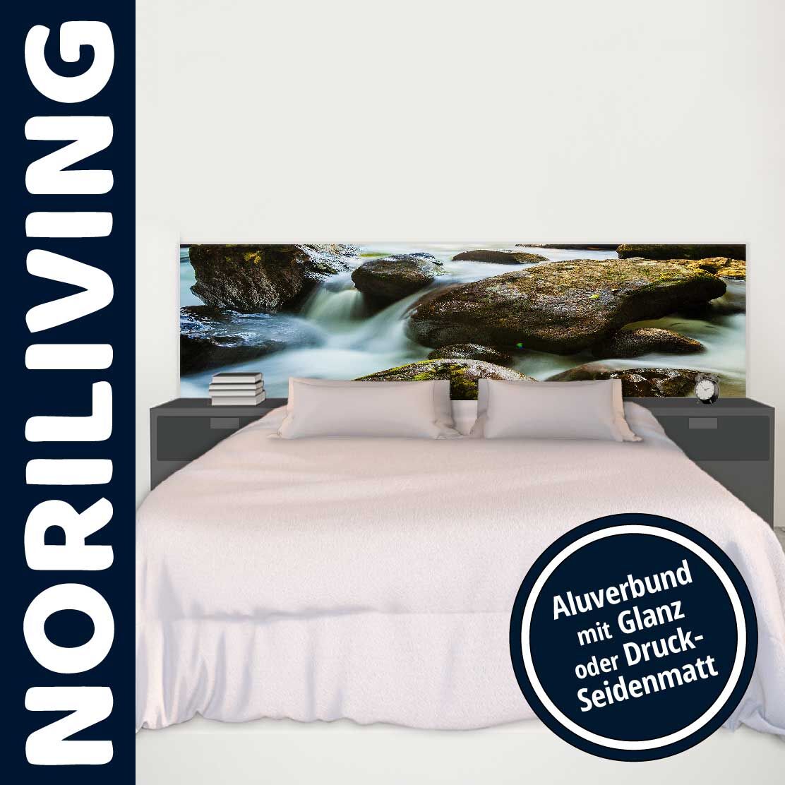 Modernes Bett mit fotorealistischem Naturstein-Kopfteil und Nachtkonsolen auf beiden Seiten, Noriliving-Design