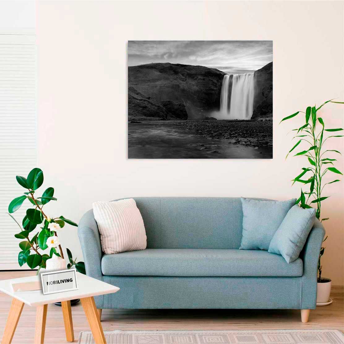 Wandbild über dem Sofa mit Motiv Skogafoss-Wasserfall in Island 185 schwarz-weiß
