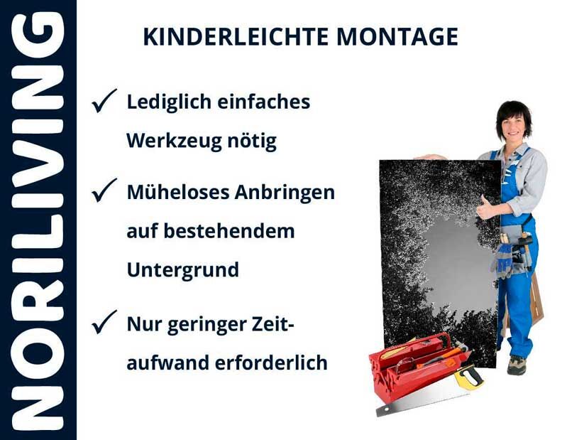 NORILIVING Werbebild zeigt einfache Montage mit wenig Werkzeug und Zeitaufwand.