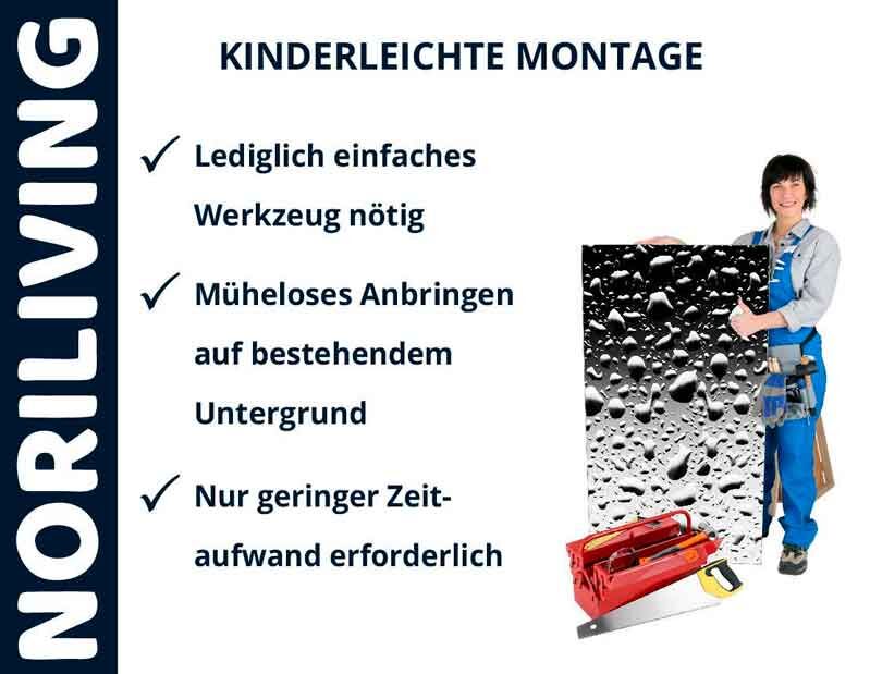 Frau präsentiert kinderleichte Montageanleitung von Noriliving für einfache Anbringung mit wenig Werkzeug